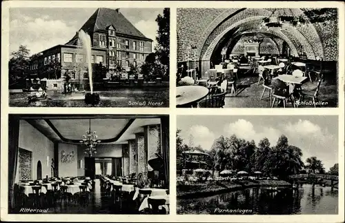 Ak Horst Gelsenkirchen im Ruhrgebiet, Schloss Horst, Schlosskeller, Rittersaal, Parkanlagen