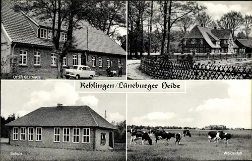 Ak Rehlingen Niedersachsen, Gasthof Otte, an der Mühle, Weideidyll, Schule