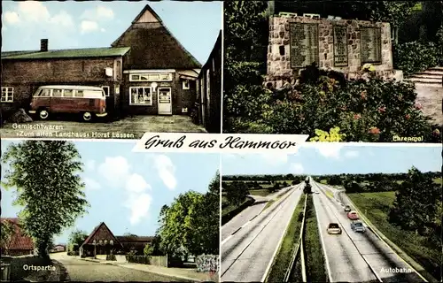 Ak Hammoor Holstein, Autobahn, Ehrenmal, Gemischtwarenladen Zum alten Landhaus