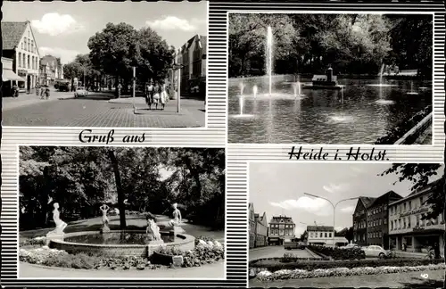 Ak Heide in Holstein, Straßenpartie, Fontaine im Park