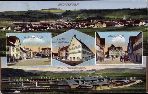 Ak Münsingen in Baden Württemberg, Bahnhofstraße, Rathaus, Hauptstraße, Neues Barackenlager