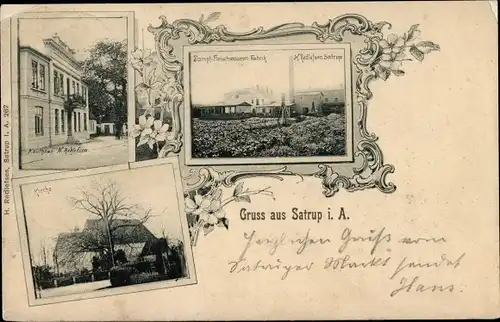 Ak Satrup in Angeln, Dampf Fleischwaren Fabrik, Kaufhaus, Kirche