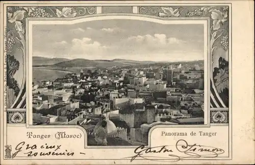 Passepartout Ak Tanger Marokko, Panorama der Stadt