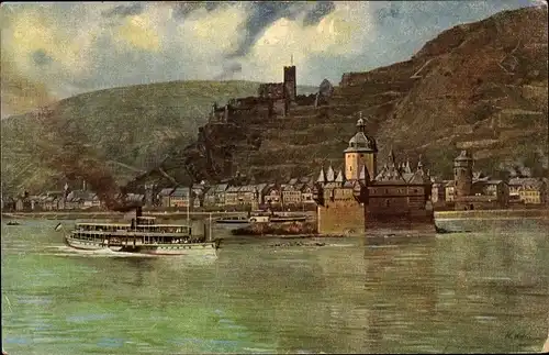 Künstler Ak H. Hoffmann, Caub Kaub am Rhein, Pfalz, Burg Gutenfels, Dampfer