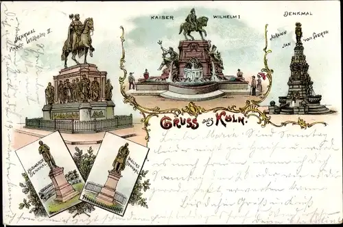 Litho Köln am Rhein, Denkmal Friedrich-Wilhelm II., Kaiser Wilhelm I., Bismarckdenkmal