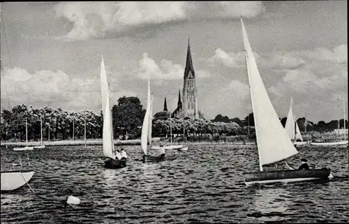 Ak Schleswig an der Schlei, Die Schlei, Dom, Segelpartie