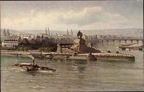 Ak Koblenz am Rhein, Kaiser Wilhelm Denkmal am Deutschen Eck, Dampfer