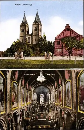 Ak Arenberg Koblenz am Rhein, Kirche, Innen- und Außenansicht