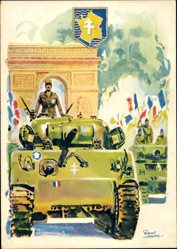 Künstler Ak Jacques-Philippe Leclerc de Hauteclocque, Marechal de France, Panzer, Siegesparade