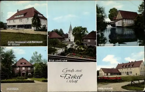 Ak Bokel Halle in Westfalen, Café, Bäckerei W. Strake, Kirche, Mühlenmotiv, Pfarrhaus, Volksschule