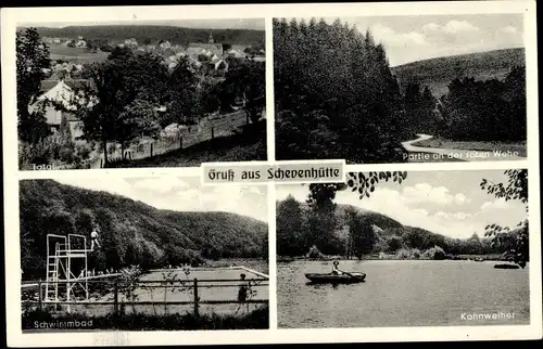 Ak Schevenhütte Stolberg im Rheinland, Gesamtansicht, Schwimmbad, Kahnweiher, an der roten Wehe