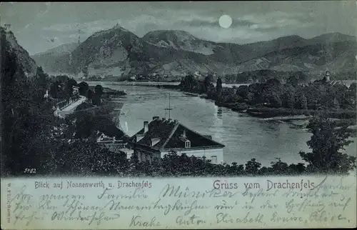 Mondschein Ak Königswinter am Rhein, Drachenfels, Nonnenwerth