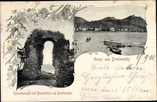 Ak Königswinter am Rhein, Rolandsbogen mit Durchblick auf Drachenfels, Ruderboote