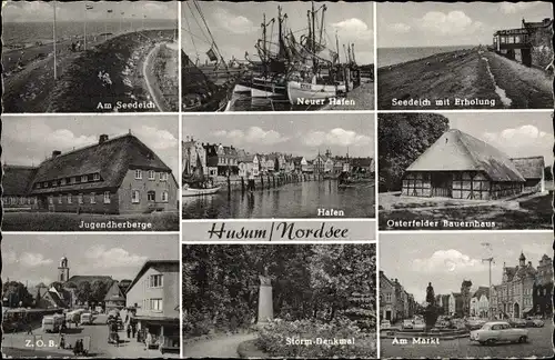 Ak Husum in Nordfriesland, Jugendherberge, Am Seedeich, Hafen, Storm-Denkmal, Markt, Bauernhaus