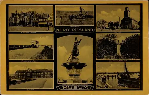 Ak Husum in Nordfriesland, Rathaus, Markt, Strand, Bahnhof, Hafen, Storm-Denkmal