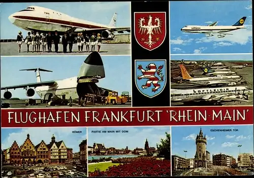Wappen Ak Frankfurt am Main, Flugzeug, Flughafen, Dom, Römer