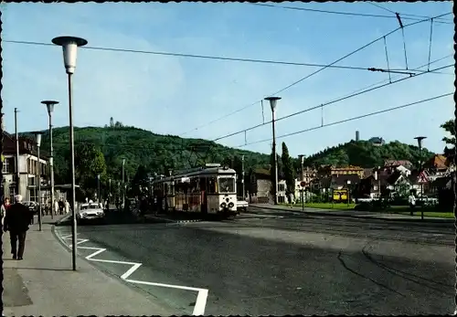 Ak Weinheim an der Bergstraße Baden, Wachenburg, Burgruine Windeck, Straßenbahn