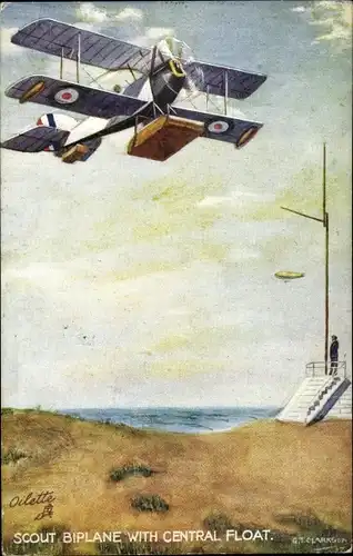 Künstler Ak Clarkson, Scout Biplane with Central Float, Französisches Militärflugzeug