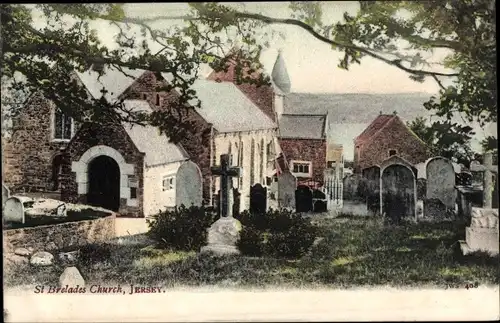 Ak Saint Brélade Jersey Kanalinseln, Church with cemetery