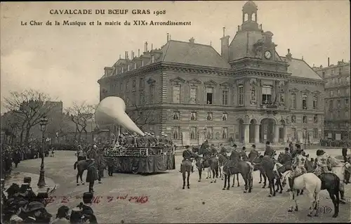 Ak Paris XIX, Cavalcade du Boeuf du Gras 1908, Char de la Musique et la Mairie, Festumzug