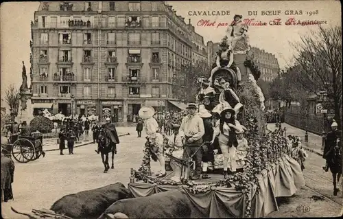 Ak Paris, Cavalcade du Boeuf du Gras 1908, Char de l'Agriculture, Festumzug