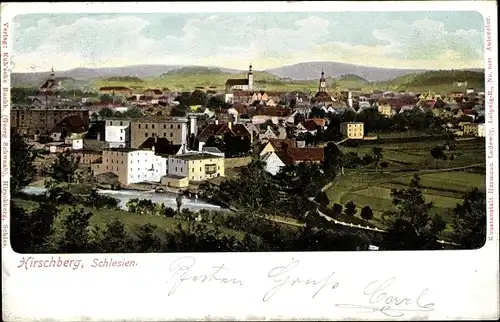 Ak Jelenia Góra Hirschberg Riesengebirge Schlesien, Totalansicht der Ortschaft