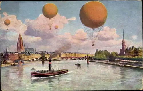 Künstler Ak Frankfurt am Main, Fesselballons über der Stadt, ILA