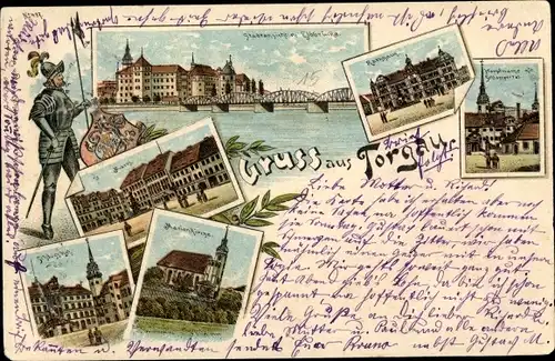 Litho Torgau an der Elbe, Hauptmarkt, Rathaus, Marienkirche, Schlosshof