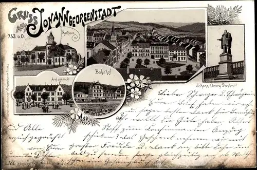 Litho Johanngeorgenstadt im Erzgebirge Sachsen, Rathaus, Bahnhof, Amtsgericht, Denkmal