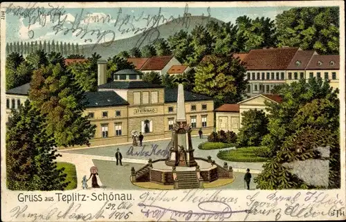 Litho Teplice Šanov Teplitz Schönau Region Aussig, Steinbad, Kriegerdenkmal, Platz