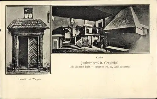 Ak Kreuztal in Westfalen, Schloss Junkernhees im Heestal, Haustür mit Wappen, Küche