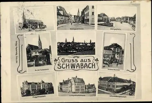Ak Schwabach in Mittelfranken Bayern, Königsplatz, Lehrerbildungsanstalt, Progymnasium, Stadtkirche
