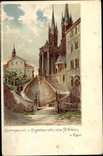 Künstler Litho Cheb Eger Region Karlsbad, Gymnasium, Erzdekanalkirche St. Niklas