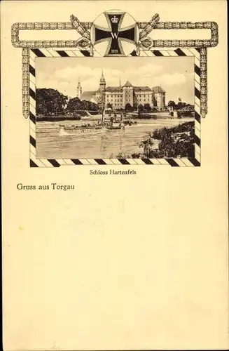 Passepartout Ak Torgau Nordsachsen, Kanalpartie mit Schloss Hartenfels, Dampfer