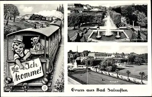 Ak Bad Salzuflen in Lippe, Hauptallee, Leuchtfontäne, Kurpark, Eisenbahn