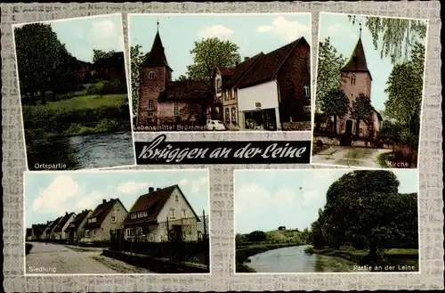 Ak Brüggen Gronau an der Leine, Geschäft Brümmer, Kirche, Siedlung, Leinepartie