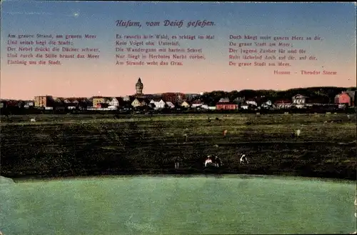Ak Husum Nordfriesland, Blick vom Deich auf den Ort, Gedicht von Theodor Storm