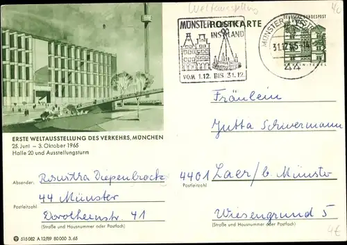 Ganzsachen Ak München Bayern, Erste Weltausstellung des Verkehrs, 1965
