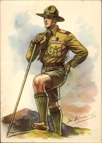 Künstler Ak Pfadfinder, Tschechoslowakei, Uniform, Wanderstock