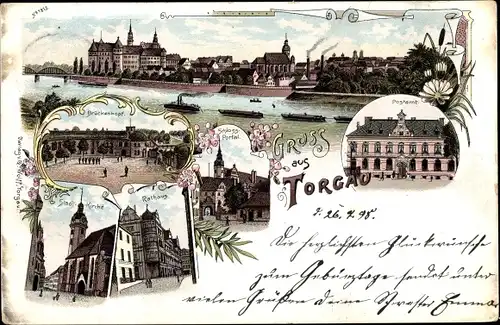 Litho Torgau an der Elbe, Postamt, Brückenkopf, Schlossportal, Rathaus, Kirche, Panorama, Dampfer