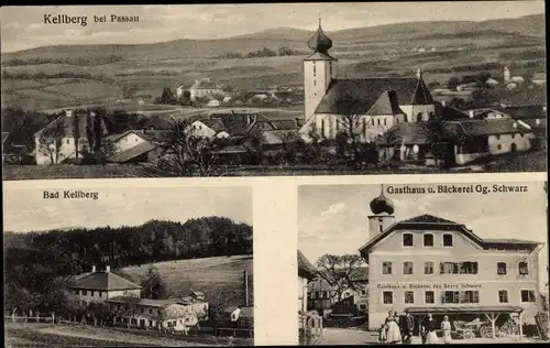 Ak Kellberg Thyrnau in Niederbayern, Gesamtansicht, Gasthaus und Bäckerei Georg Schwarz