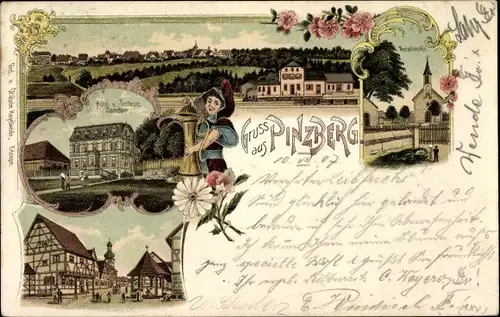 Litho Pinzberg in Oberfranken, Hotel Zametzler, Mariakapelle, Bierkrug