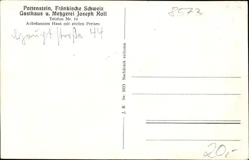 Ak Pottenstein in Oberfranken, Gasthaus und Metzgerei Joseph Koll