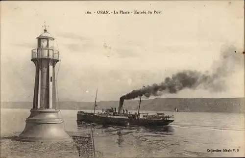 Ak Oran Algerien, Le Phare, Entree du Port, Dampfer