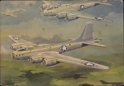 Künstler Ak Petit, Louis, Amerikanisches Kampfflugzeug Boeing B 17 F Flying Fortress, Avions Alliés