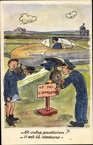 Künstler Ak Flugplatz, Flugzeug, Ne Pas l'Aproche, Mann ohne Hose, L'Armee de l'Air.. une Vacation