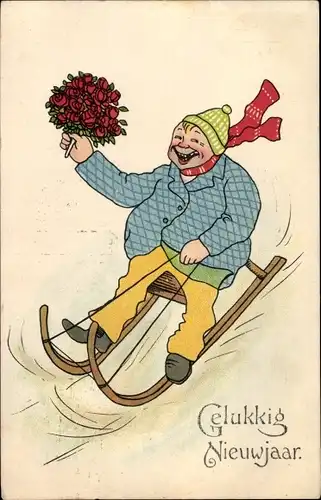 Ak Glückwunsch Neujahr, Mann fährt Schlitten, Blumenstrauß