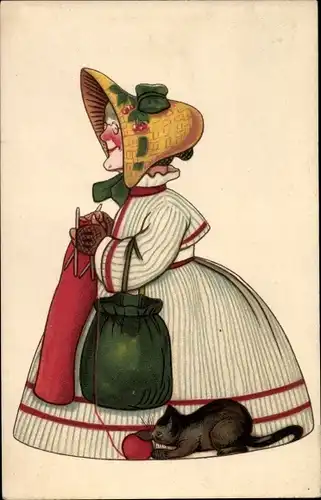 Litho Mütterchen strickt, Katze spielt mit Wollknäuel