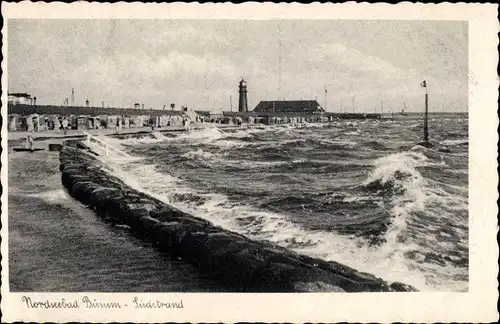 Ak Nordseebad Büsum, Südstrand mit Leuchtturm