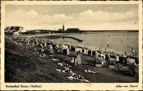 Ak Nordseebad Büsum, Südstrand mit Leuchtturm